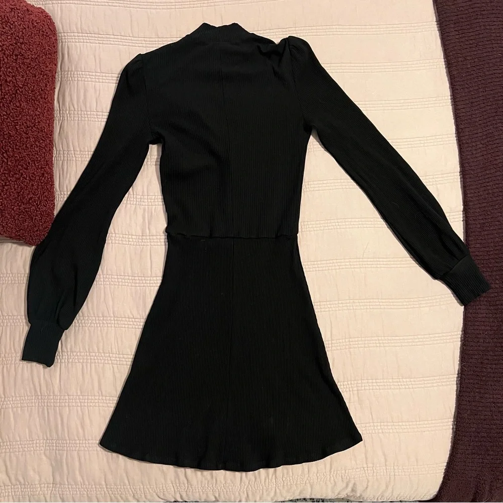 Reformation Black Chapel Ribbed Long Sleeve Ruffle Dress mock neck - Picture 7 of 7